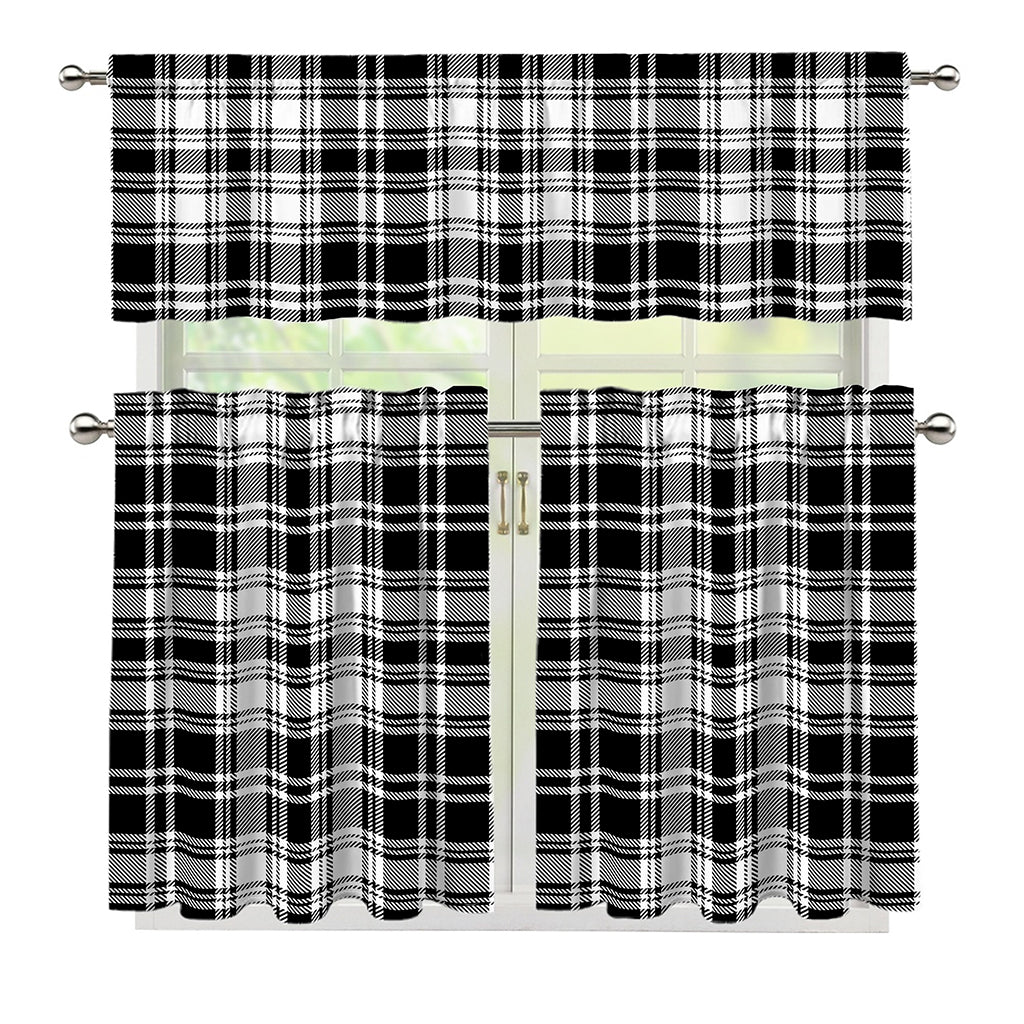 Black And White Plaid Pattern Print 3 Piece Kitchen Curtains