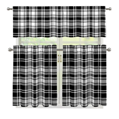 Black And White Plaid Pattern Print 3 Piece Kitchen Curtains