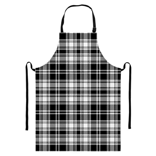 Black And White Plaid Pattern Print Bib Apron With Pocket