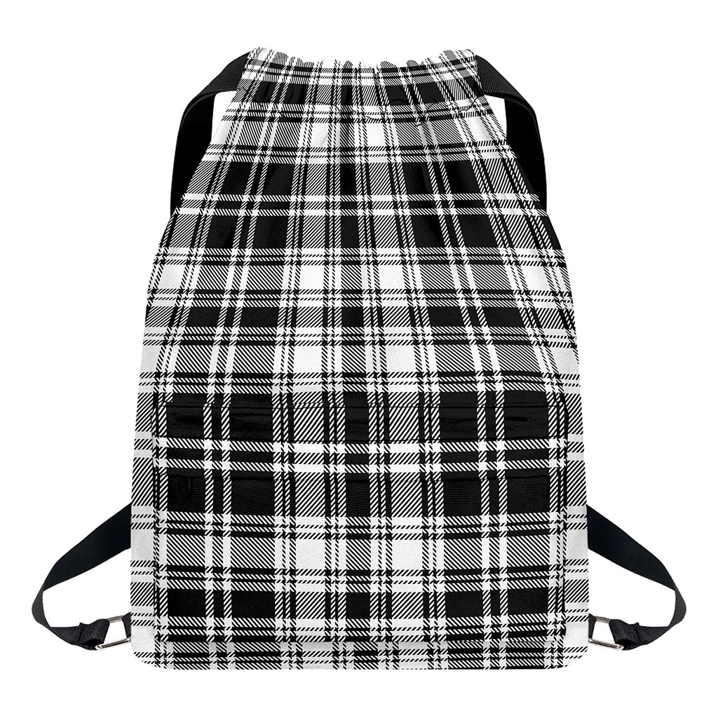 Black And White Plaid Pattern Print Drawstring Backpack