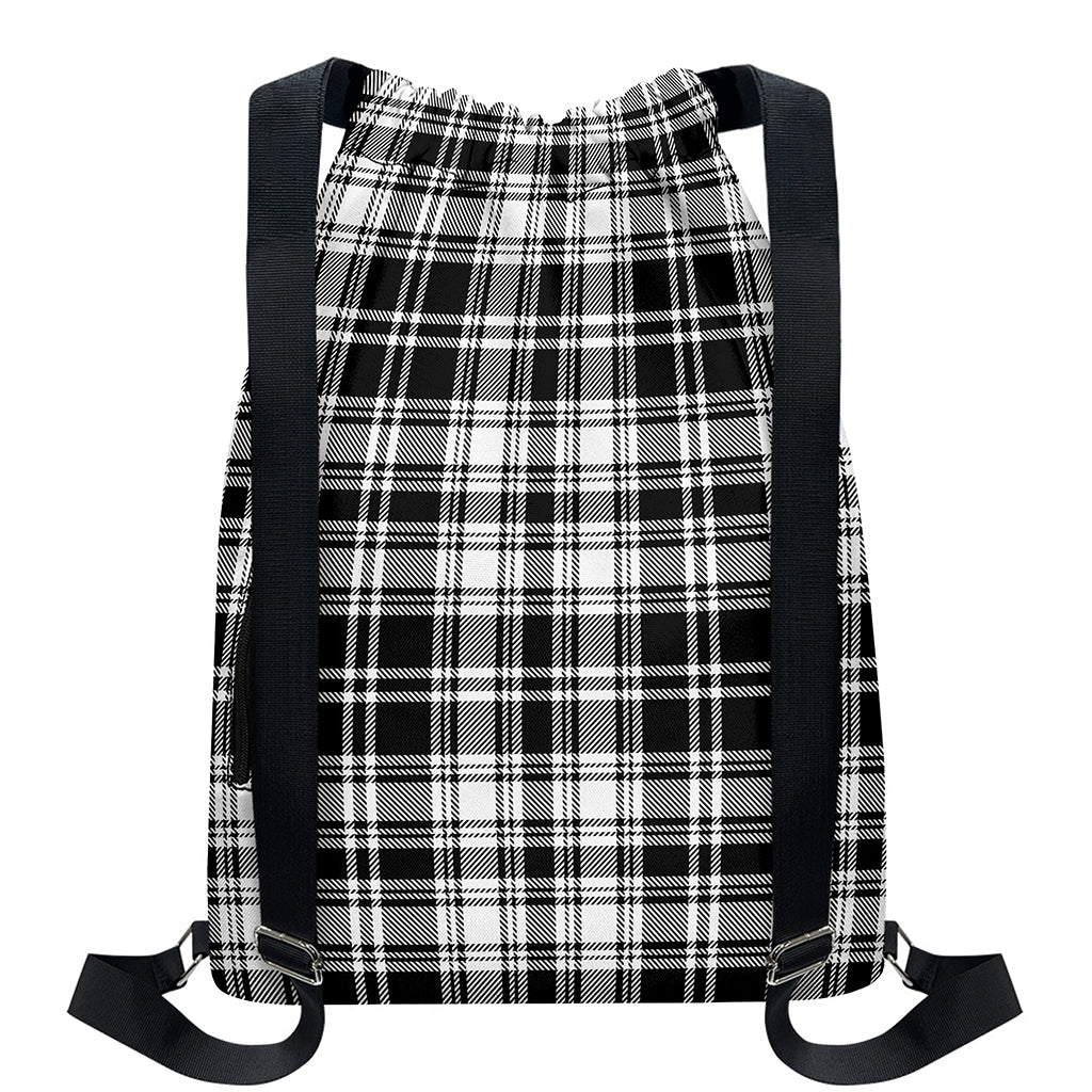 Black And White Plaid Pattern Print Drawstring Backpack