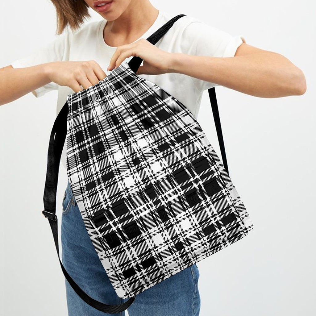Black And White Plaid Pattern Print Drawstring Backpack