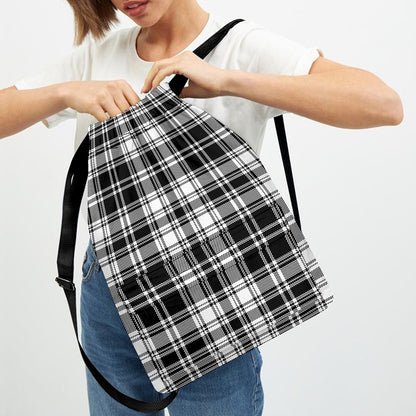 Black And White Plaid Pattern Print Drawstring Backpack