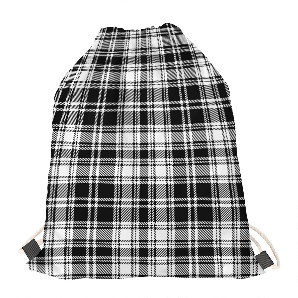 Black And White Plaid Pattern Print Drawstring Bag