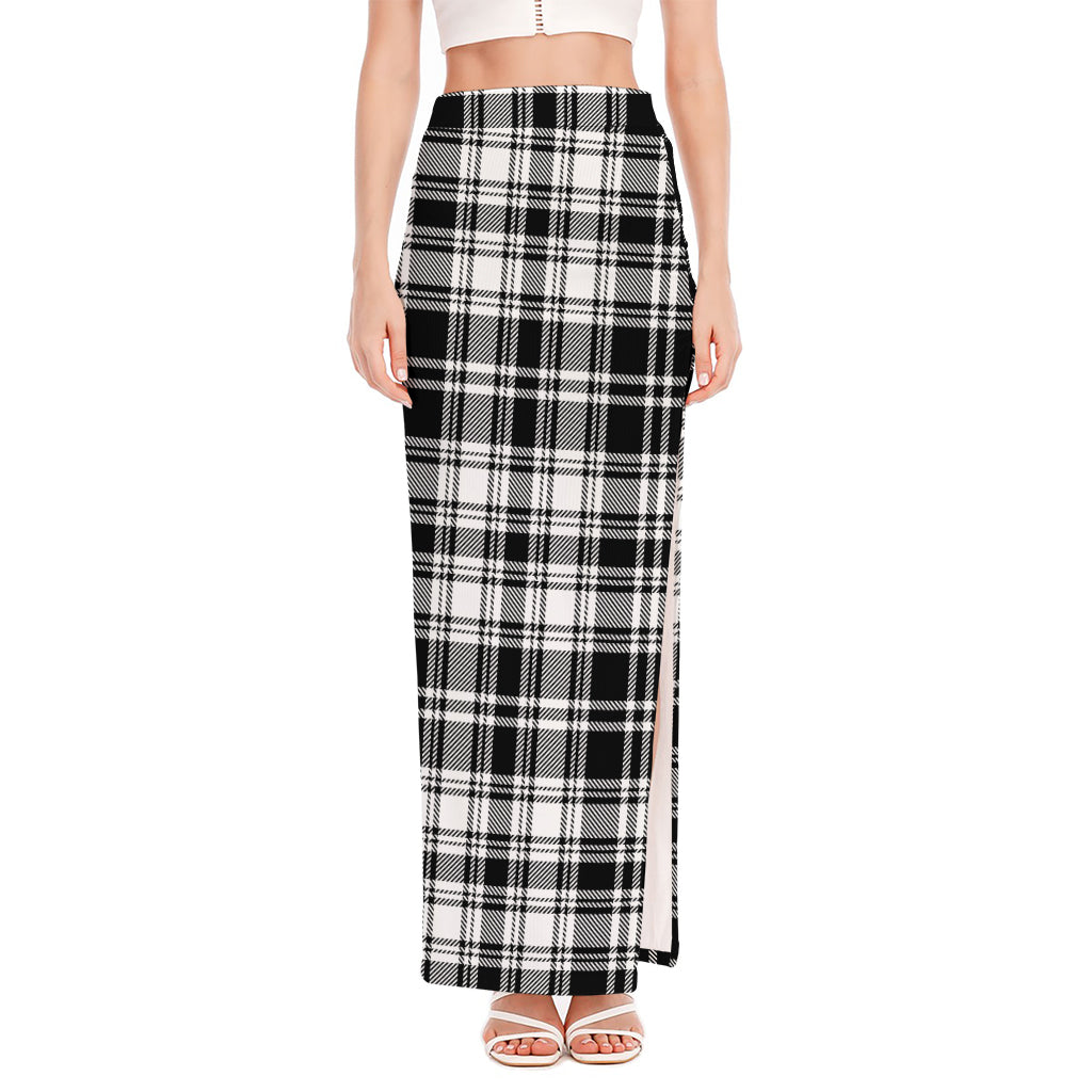 Black And White Plaid Pattern Print High Slit Maxi Skirt
