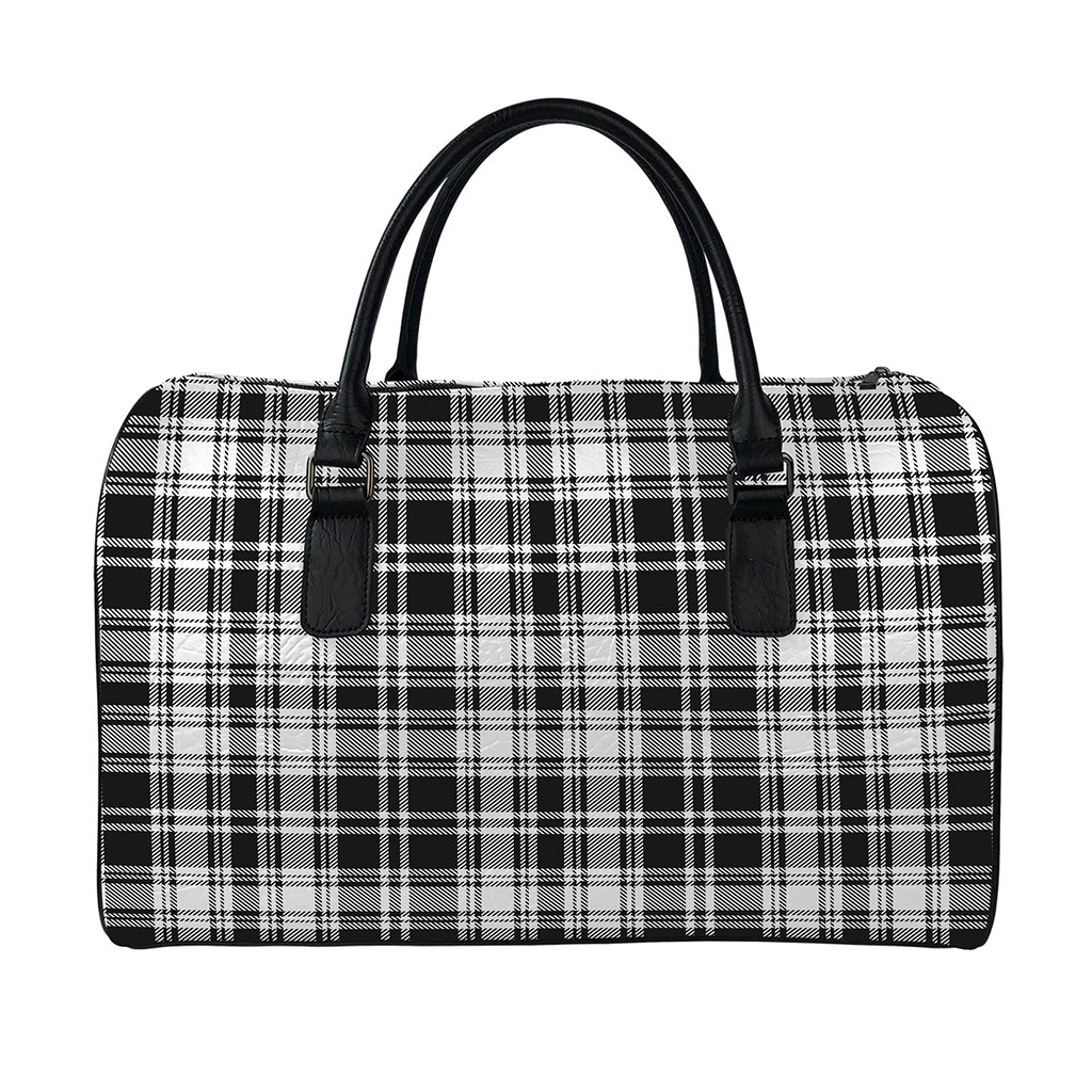 Black And White Plaid Pattern Print Leather Duffle Bag