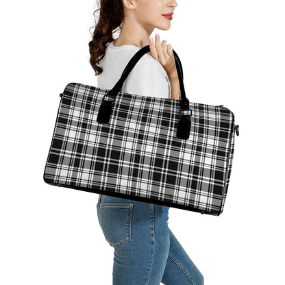 Black And White Plaid Pattern Print Leather Duffle Bag