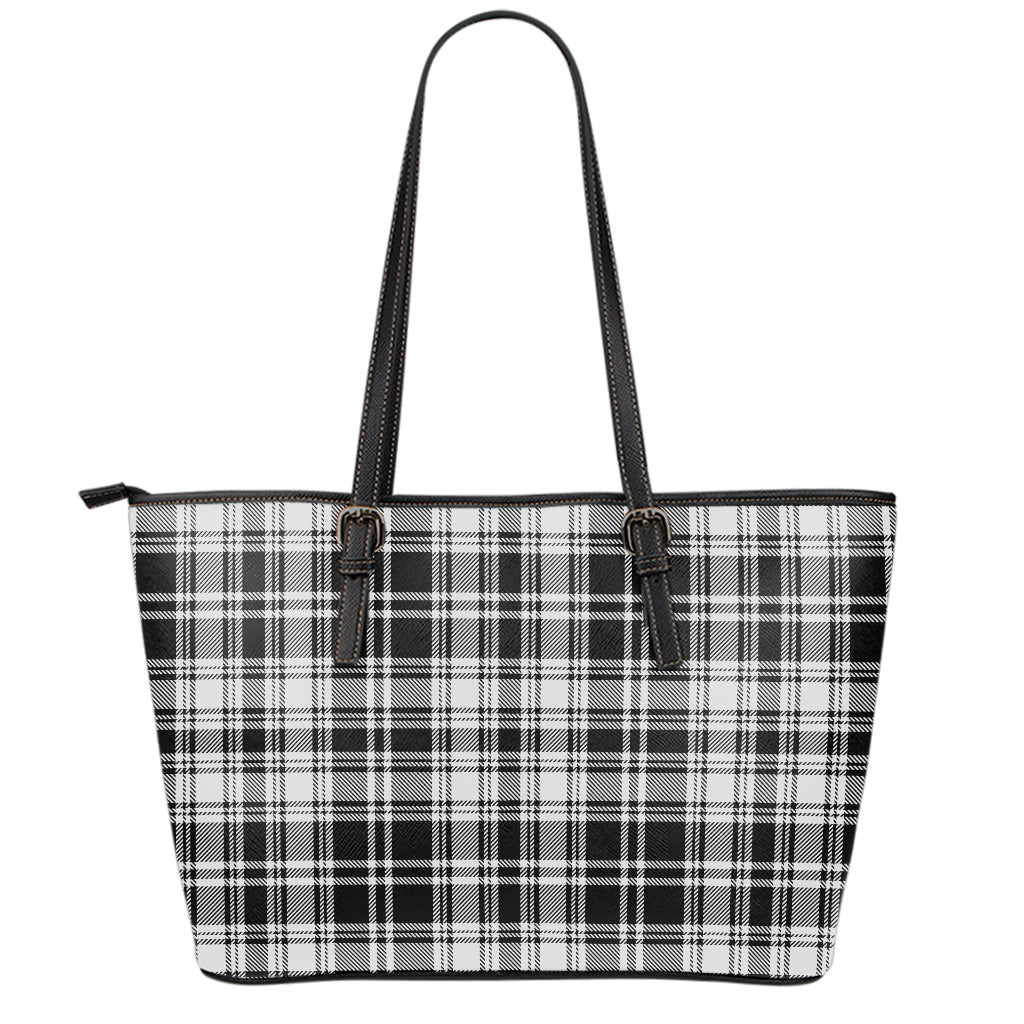Black And White Plaid Pattern Print Leather Tote Bag