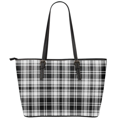 Black And White Plaid Pattern Print Leather Tote Bag