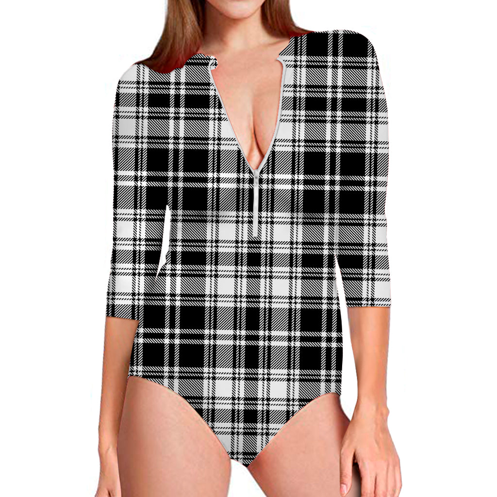 Black And White Plaid Pattern Print Long Sleeve Swimsuit