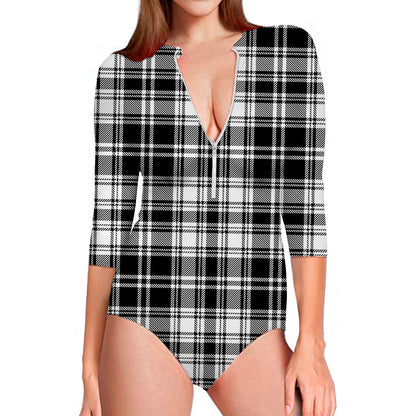 Black And White Plaid Pattern Print Long Sleeve Swimsuit