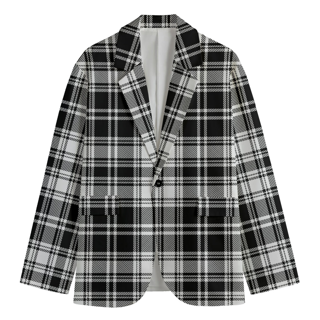 Black And White Plaid Pattern Print Men's Cotton Blazer