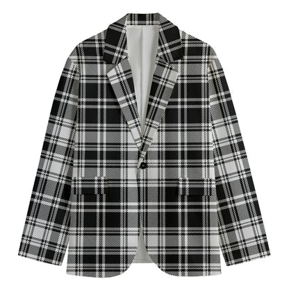 Black And White Plaid Pattern Print Men's Cotton Blazer
