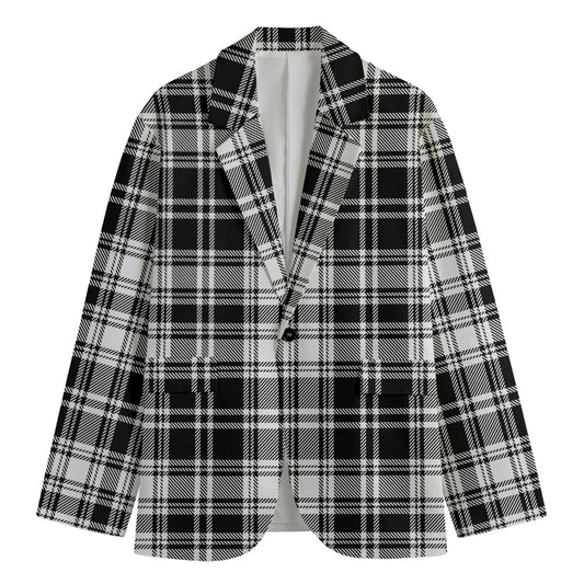 Black And White Plaid Pattern Print Men's Cotton Blazer