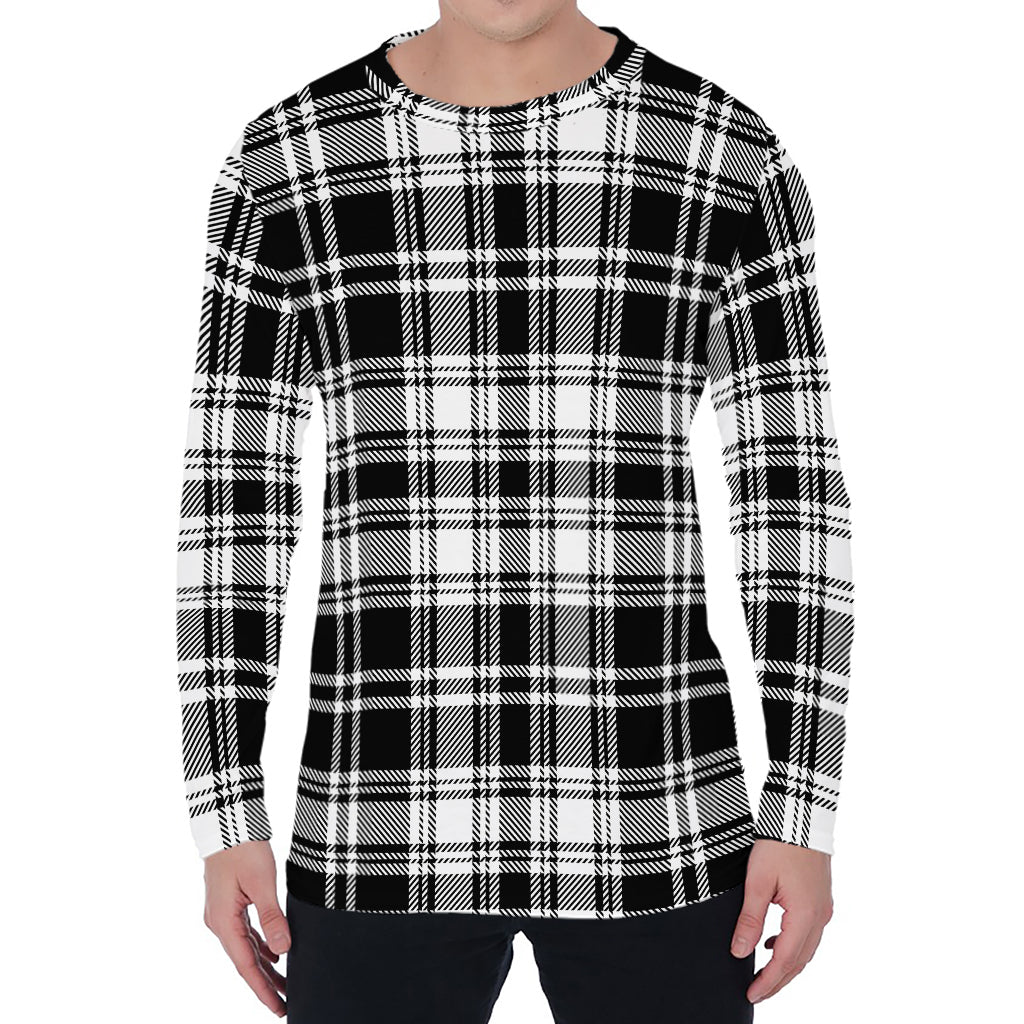 Black And White Plaid Pattern Print Men's Long Sleeve T-Shirt