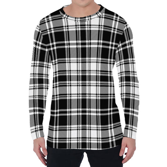Black And White Plaid Pattern Print Men's Long Sleeve T-Shirt