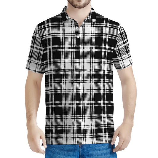 Black And White Plaid Pattern Print Men's Polo Shirt