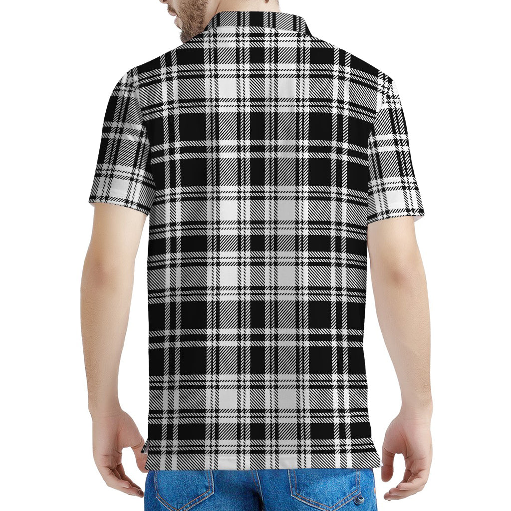 Black And White Plaid Pattern Print Men's Polo Shirt