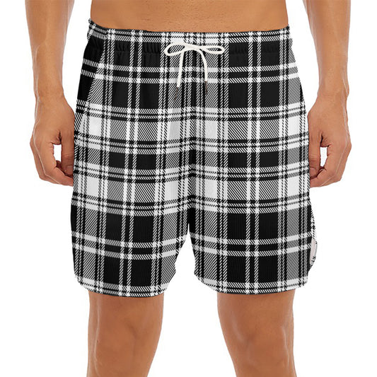 Black And White Plaid Pattern Print Men's Split Running Shorts