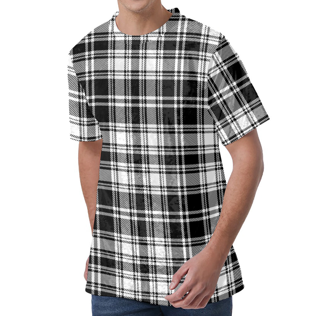 Black And White Plaid Pattern Print Men's Velvet T-Shirt