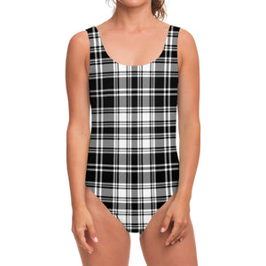 Black And White Plaid Pattern Print One Piece Swimsuit