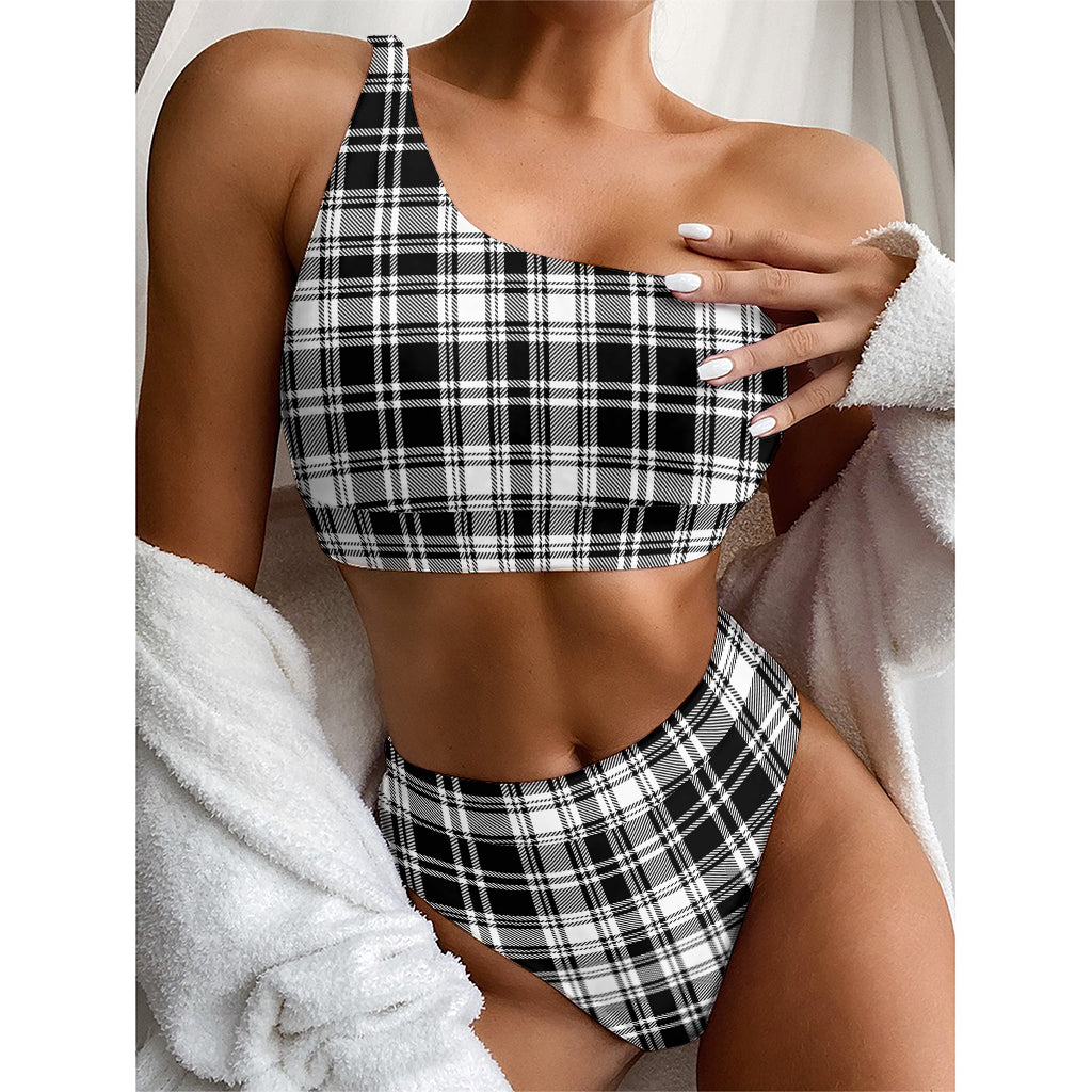 Black And White Plaid Pattern Print One Shoulder Bikini Top