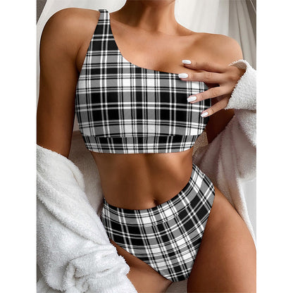 Black And White Plaid Pattern Print One Shoulder Bikini Top