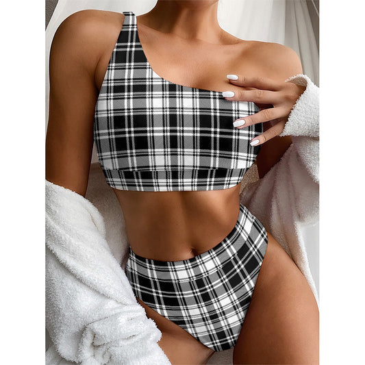 Black And White Plaid Pattern Print One Shoulder Bikini Top