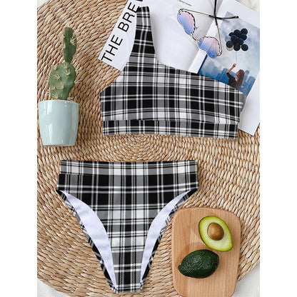 Black And White Plaid Pattern Print One Shoulder Bikini Top