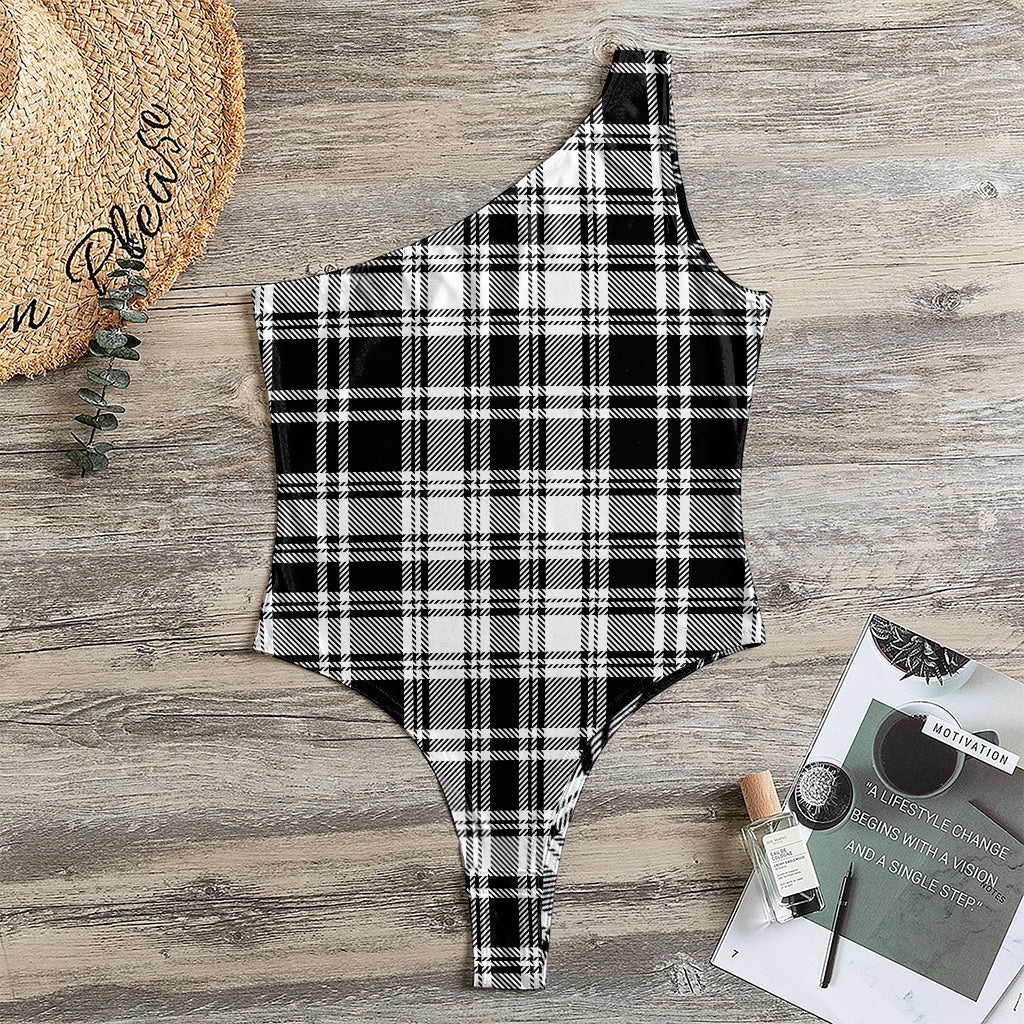 Black And White Plaid Pattern Print One Shoulder Bodysuit