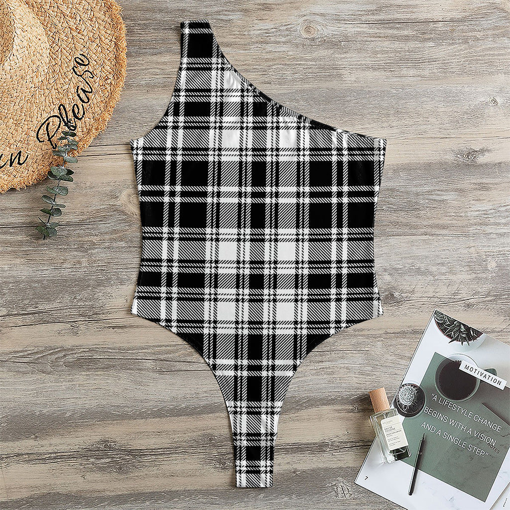 Black And White Plaid Pattern Print One Shoulder Bodysuit