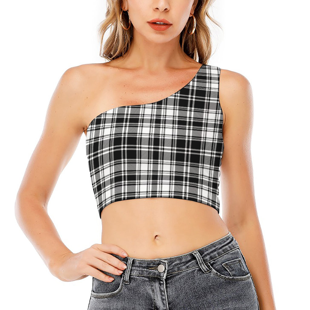 Black And White Plaid Pattern Print One Shoulder Crop Top