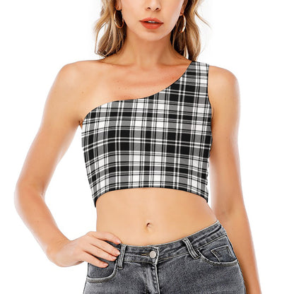 Black And White Plaid Pattern Print One Shoulder Crop Top