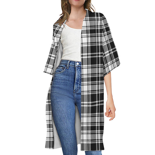 Black And White Plaid Pattern Print Open Front Beach Cover Up