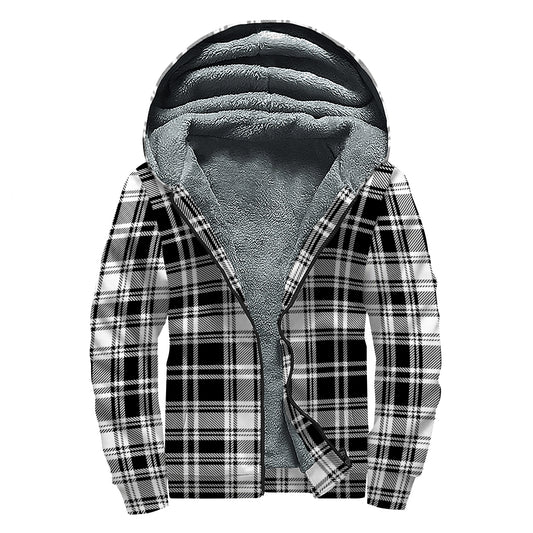 Black And White Plaid Pattern Print Sherpa Lined Zip Up Hoodie