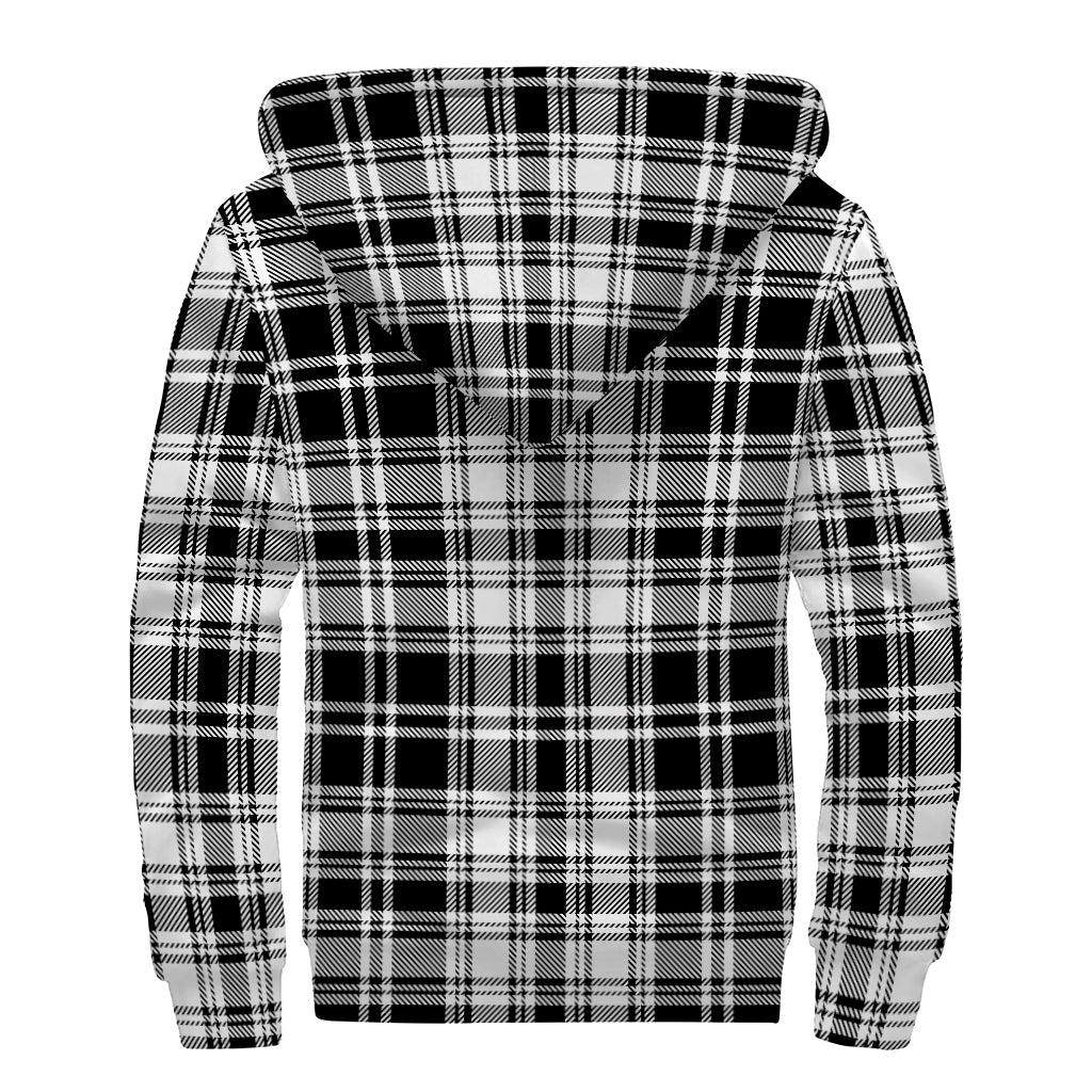 Black And White Plaid Pattern Print Sherpa Lined Zip Up Hoodie
