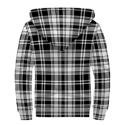 Black And White Plaid Pattern Print Sherpa Lined Zip Up Hoodie