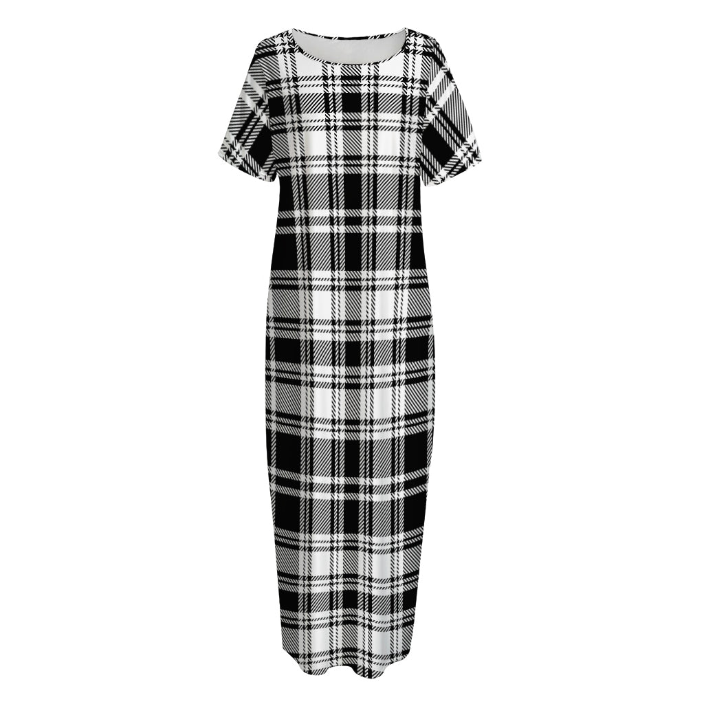 Black And White Plaid Pattern Print Short Sleeve Long Nightdress