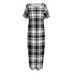 Black And White Plaid Pattern Print Short Sleeve Long Nightdress
