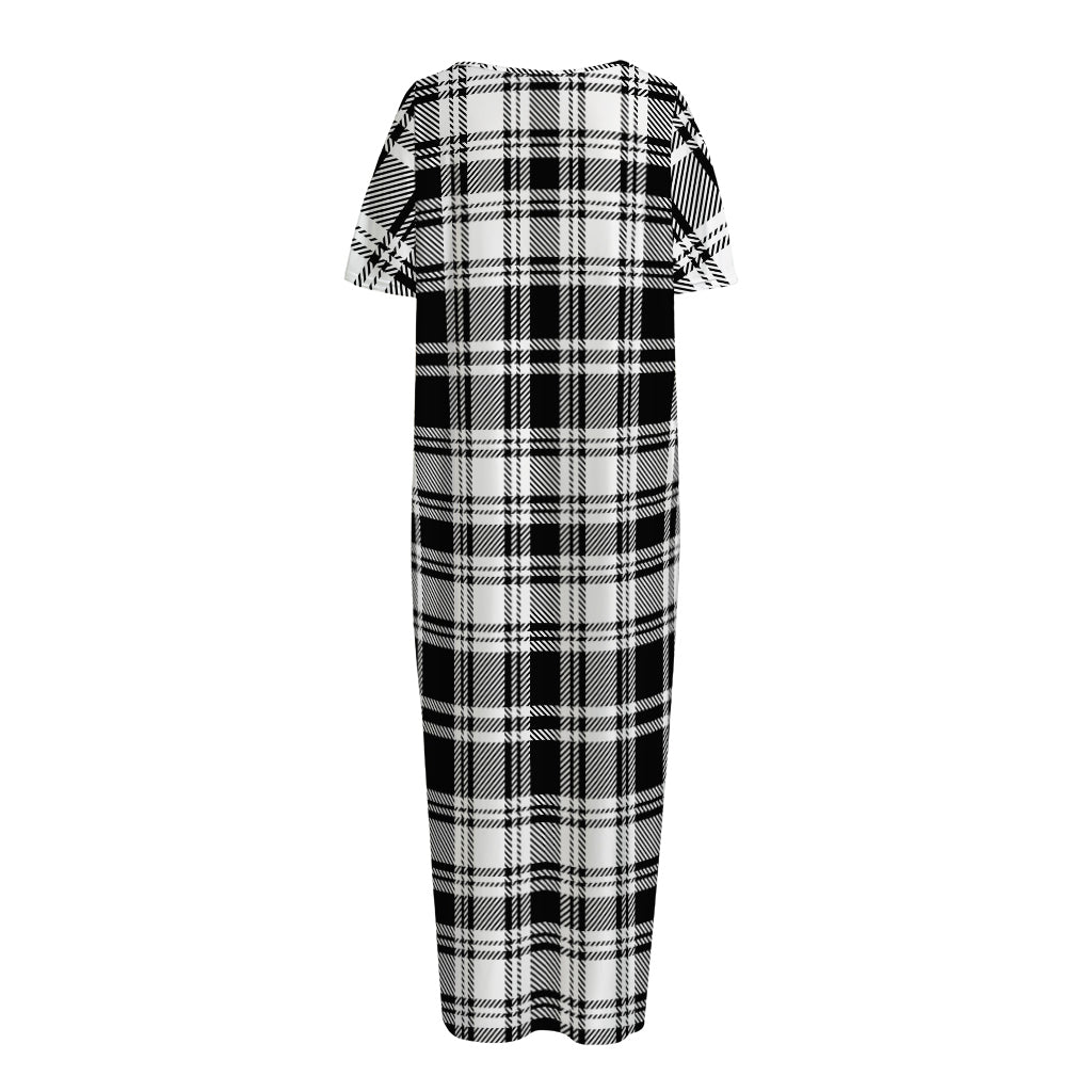 Black And White Plaid Pattern Print Short Sleeve Long Nightdress