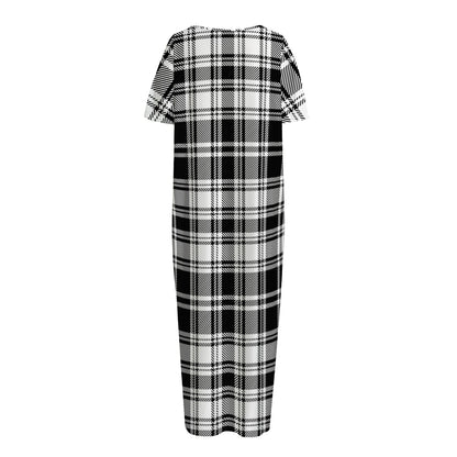 Black And White Plaid Pattern Print Short Sleeve Long Nightdress