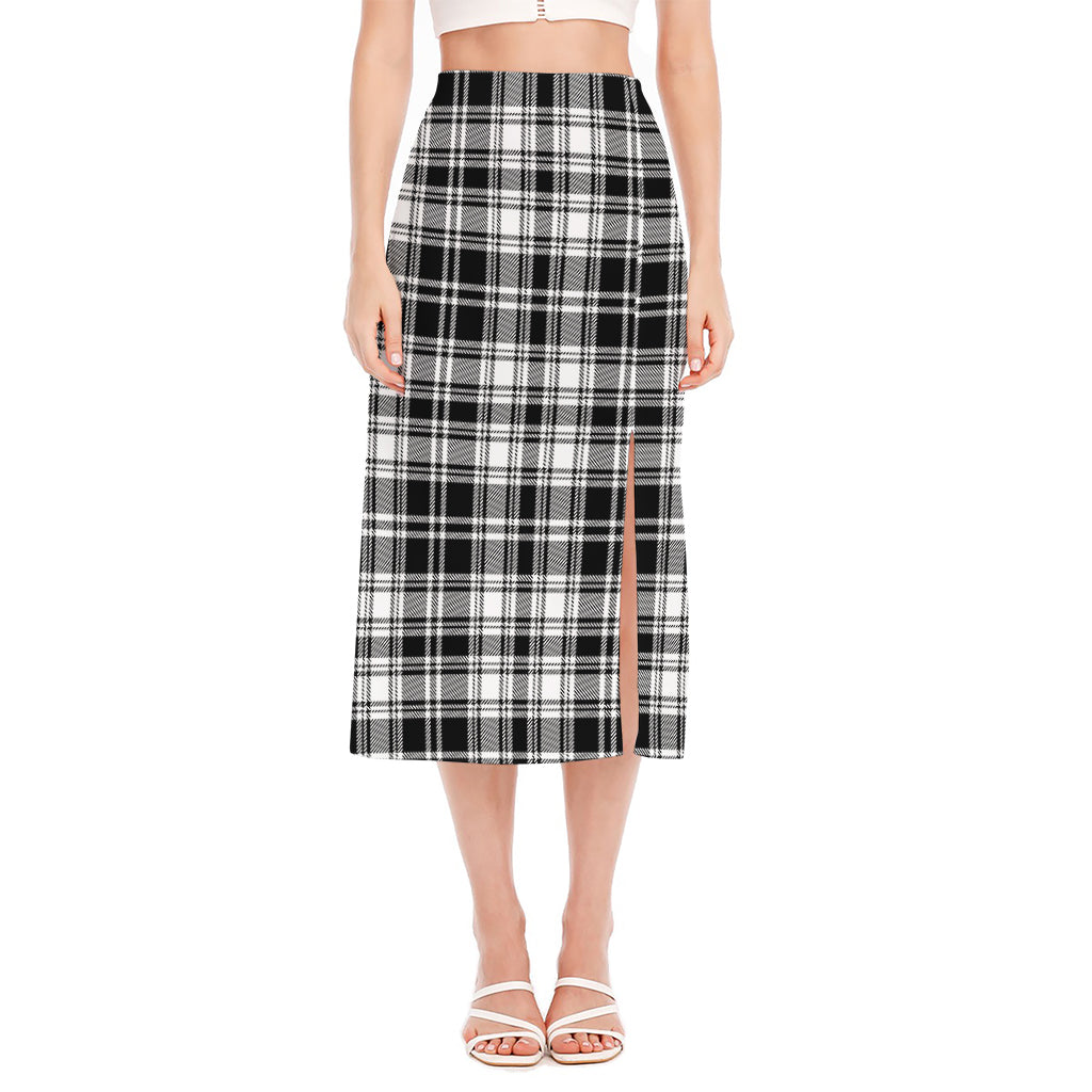 Black And White Plaid Pattern Print Side Slit Midi Skirt