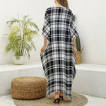 Black And White Plaid Pattern Print Silk V-Neck Kaftan Dress
