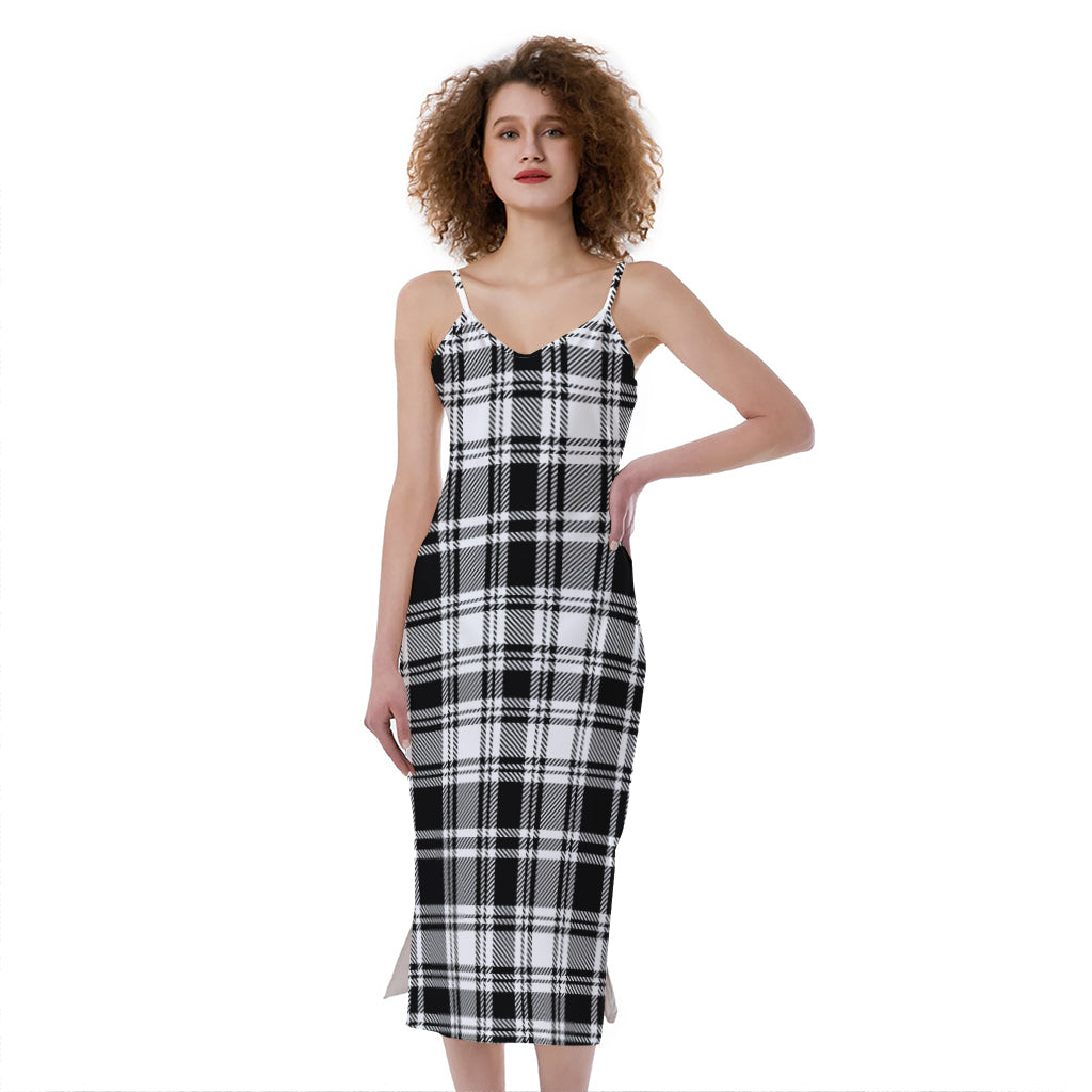Black And White Plaid Pattern Print Slim Fit Midi Cami Dress