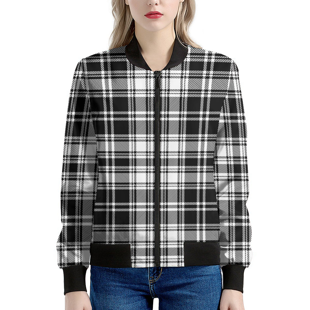 Black And White Plaid Pattern Print Women's Bomber Jacket