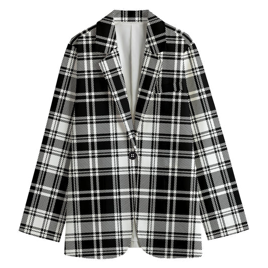 Black And White Plaid Pattern Print Women's Cotton Blazer
