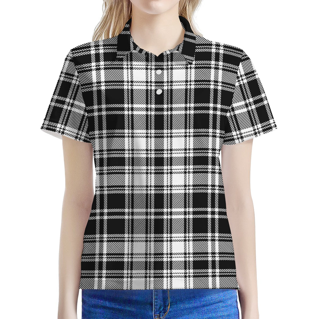 Black And White Plaid Pattern Print Women's Polo Shirt