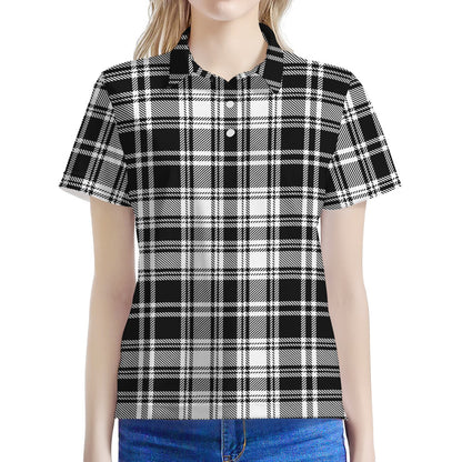 Black And White Plaid Pattern Print Women's Polo Shirt