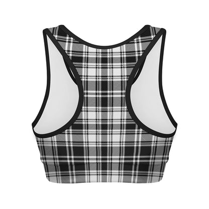 Black And White Plaid Pattern Print Women's Sports Bra