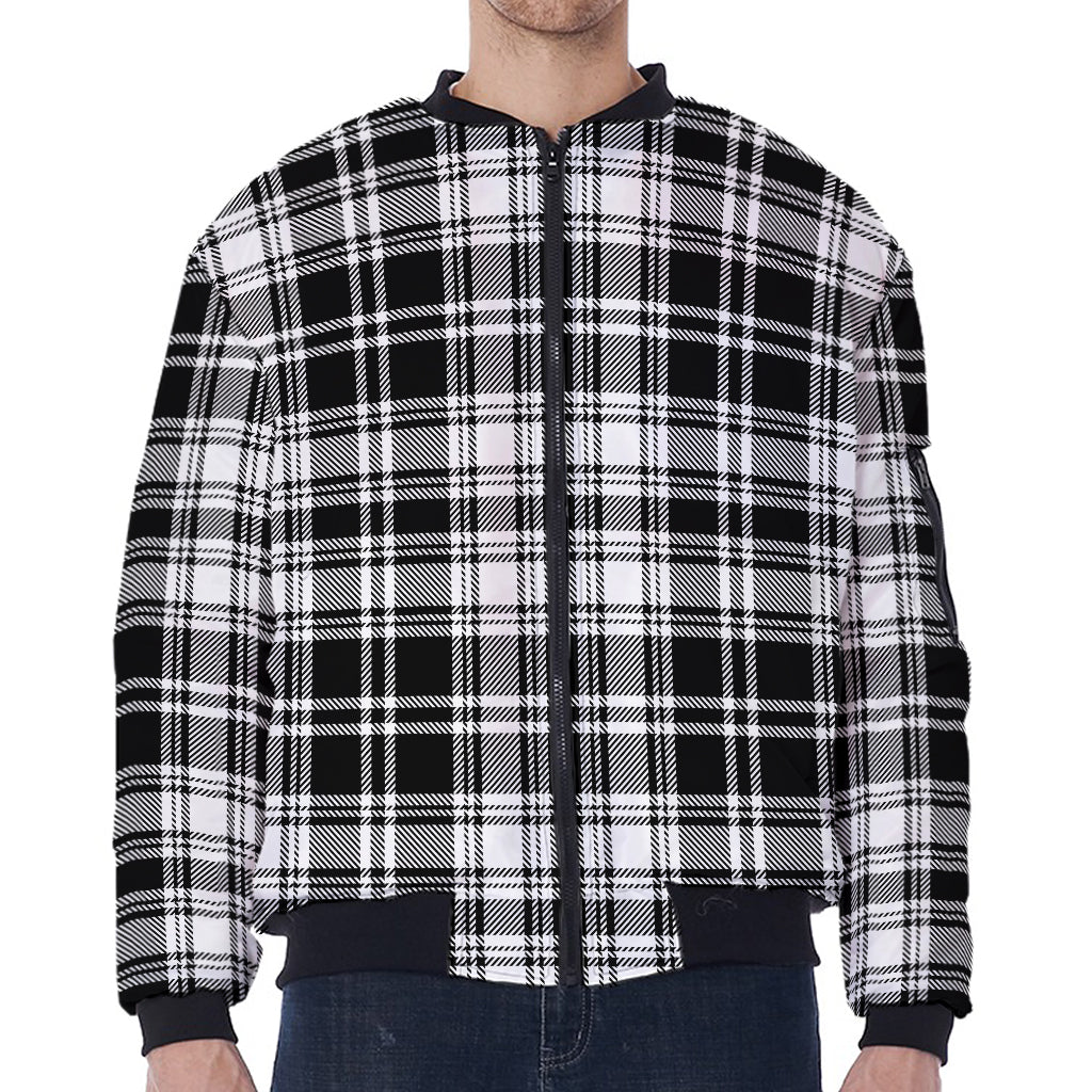 Black And White Plaid Pattern Print Zip Sleeve Bomber Jacket